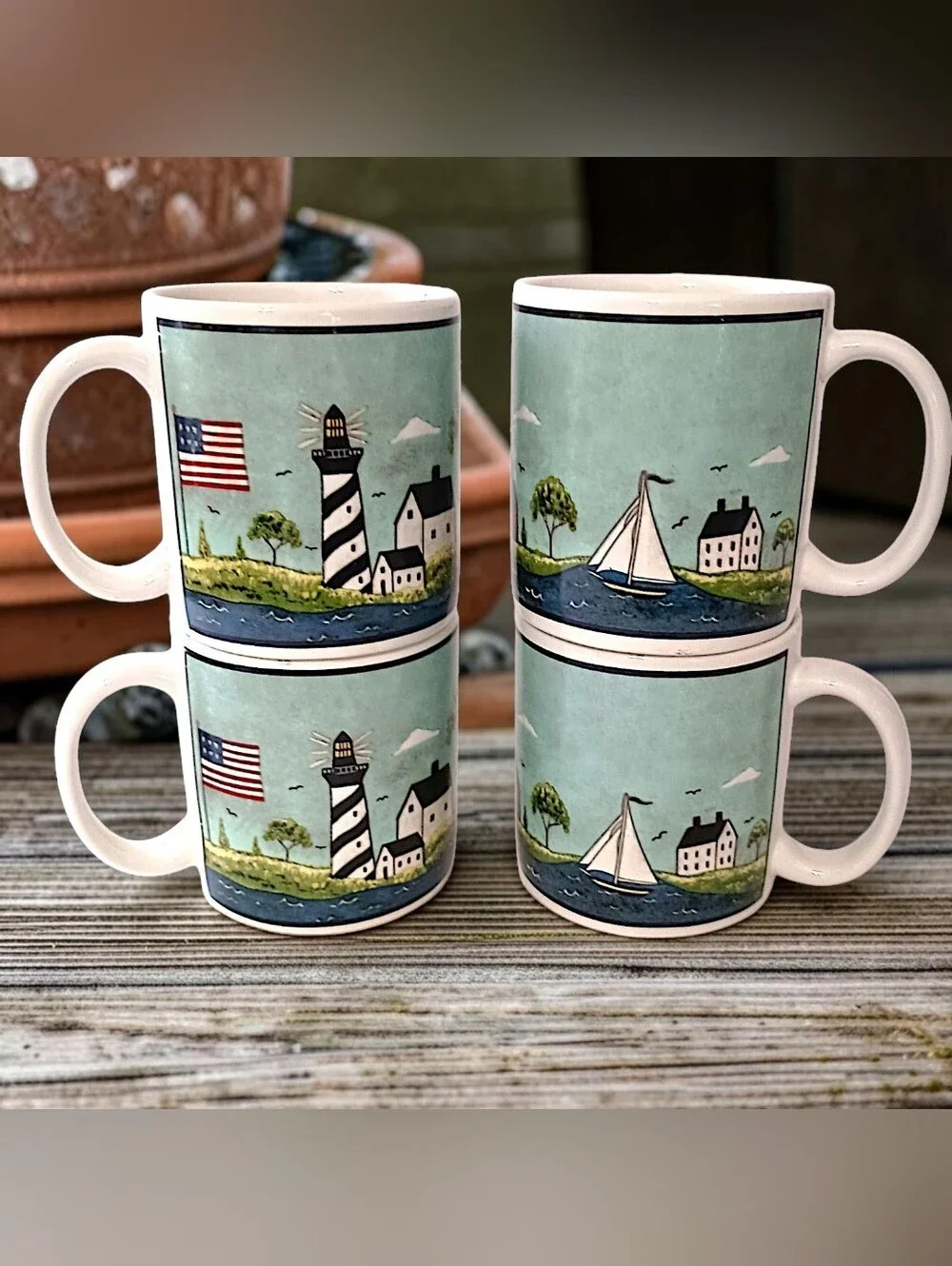 4 Vtg Sakura Coastal Breeze Coffee Mugs Warren Kimble Nautical 10oz Beach House